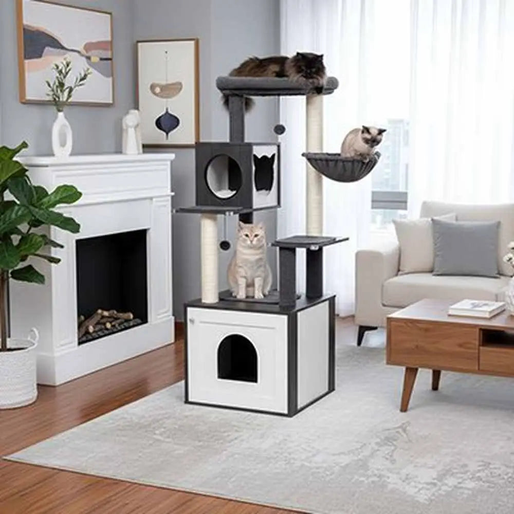 Arbre à chat en bois avec hamac noir, poteaux blancs à griffer et cabane d’entrée.