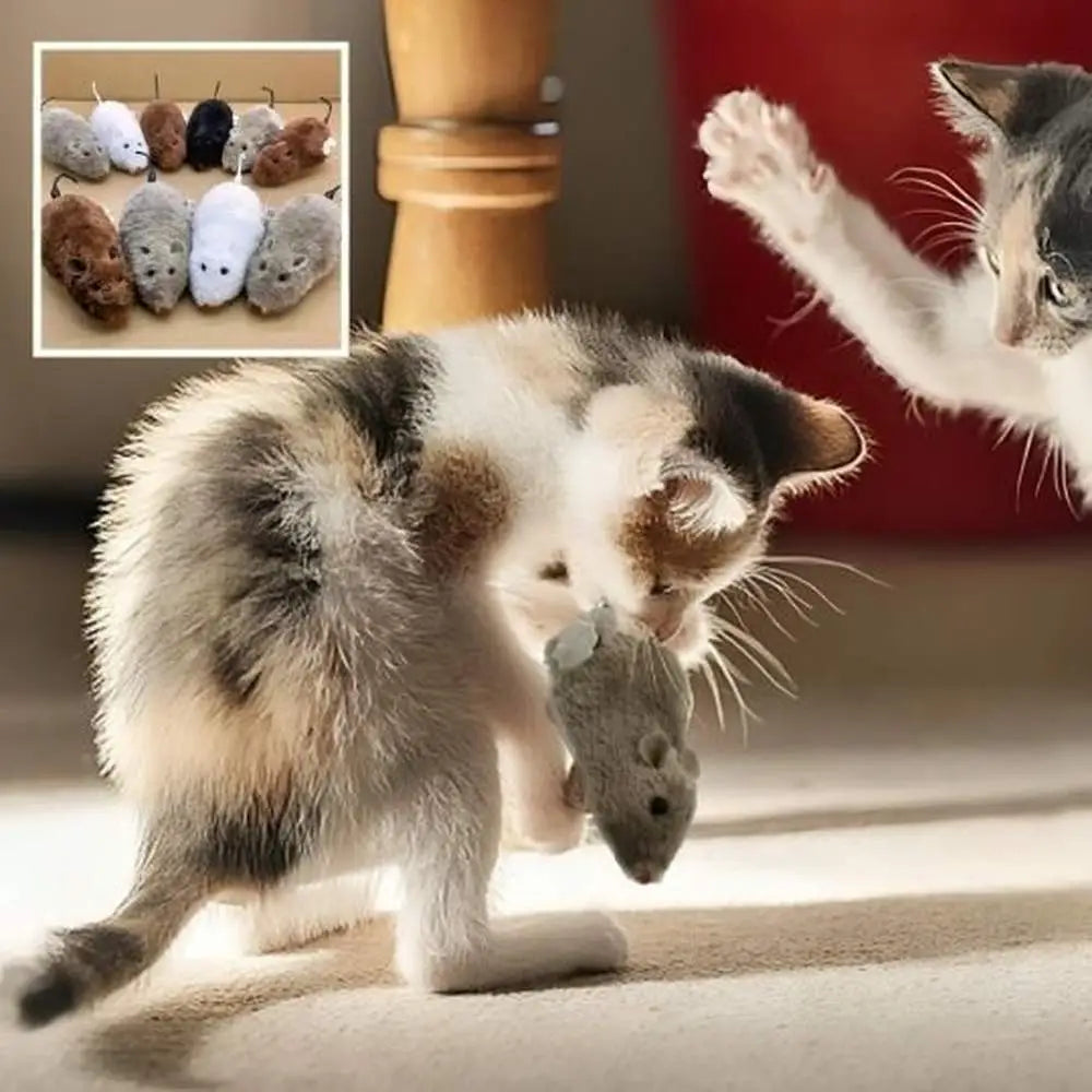 Souris en peluche Stimu'Félin grise, yeux noirs et petite queue.