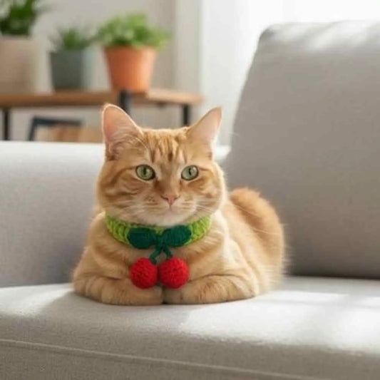 Collier pour chat en tricot vert, nœud vert et deux pompons rouges type cerises.