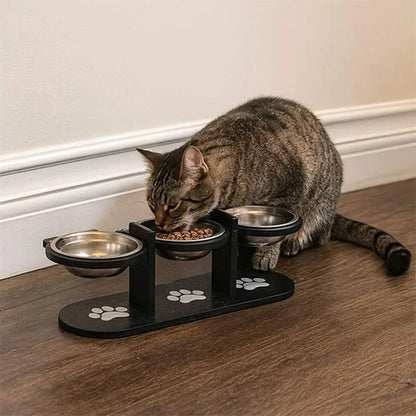 Gamelle chat surélevée DigiConfort, support noir à 3 bols inox avec motifs pattes