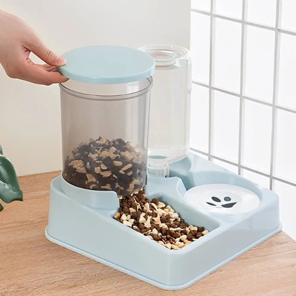 Distributeur de croquettes pour chat bleu clair, trémies et bol avec motif patte