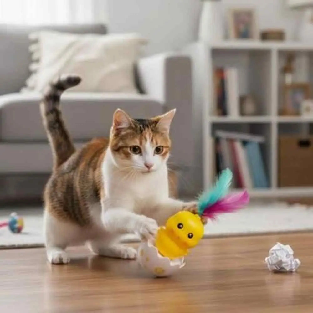 Jeu interactif pour chat : jouet poussin jaune avec plumes arc-en-ciel.