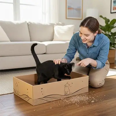 Griffoir pour chat en carton beige, motif dessin au trait, chat noir dans la boîte.