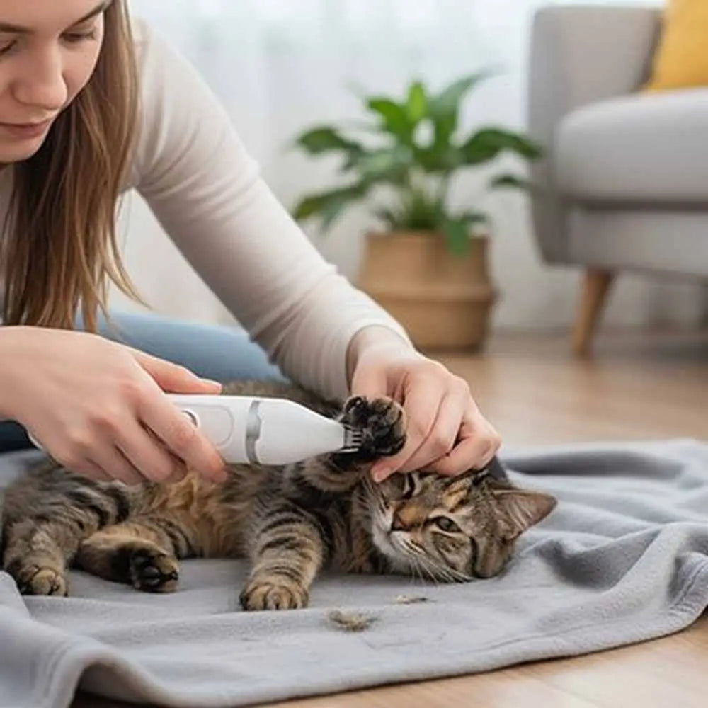 Tondeuse pour chat blanche en cours de tonte, tête de coupe au contact du pelage