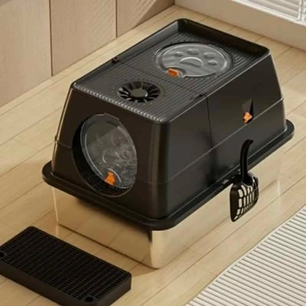 Bac à litière pour chat, forme rectangulaire gris foncé, porte latérale