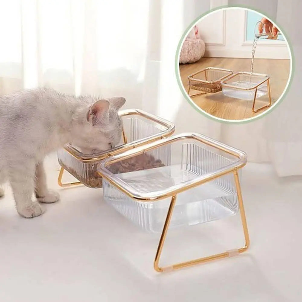 Gamelle pour chat double en bacs transparents avec support métal doré