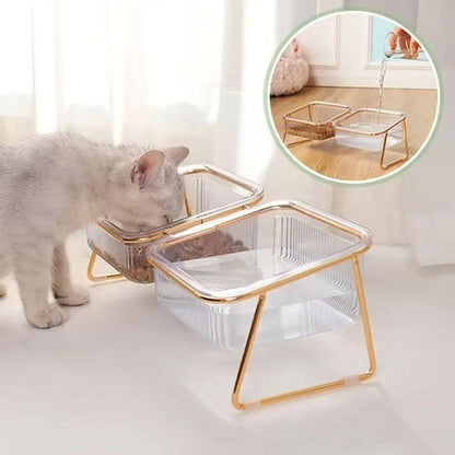 Gamelle pour chat double en bacs transparents avec support métal doré