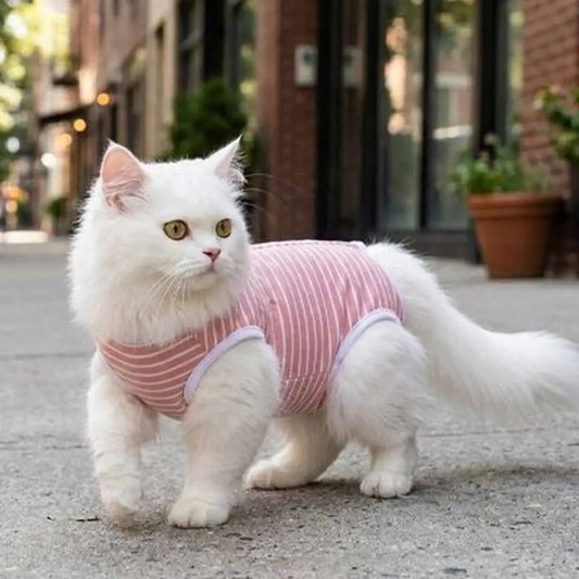 Body post-opératoire pour chat à rayures roses, encolure et ouvertures pour pattes