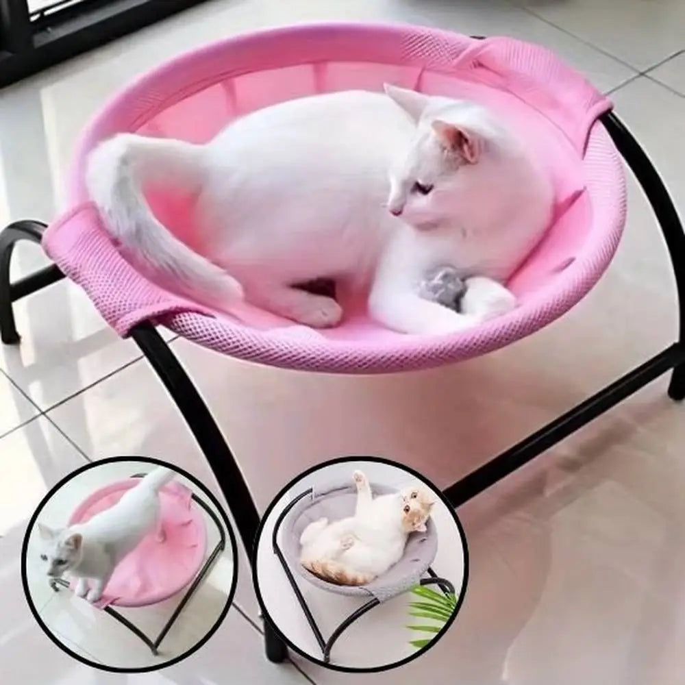 Hamac pour chat rose à rebords arrondis, cadre noir, chat blanc allongé
