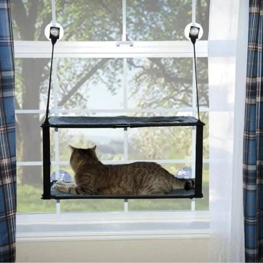 Hamac pour chat de fenêtre Solaris noir avec plateau tissé et cadre en barreaux.