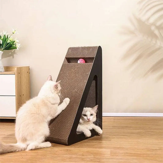 Griffoir triangulaire 2 en 1 pour chat, tissu beige texturé et cadre sombre