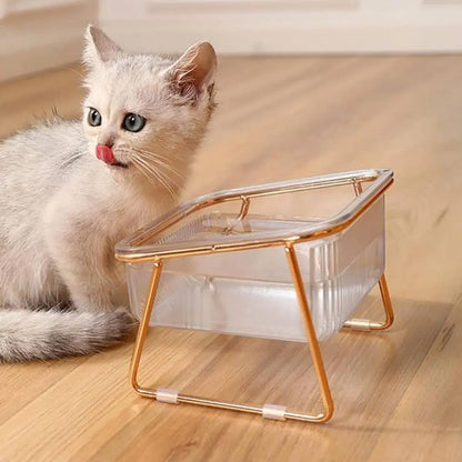 Gamelle pour chat rectangulaire double, bacs transparents et armature métal doré