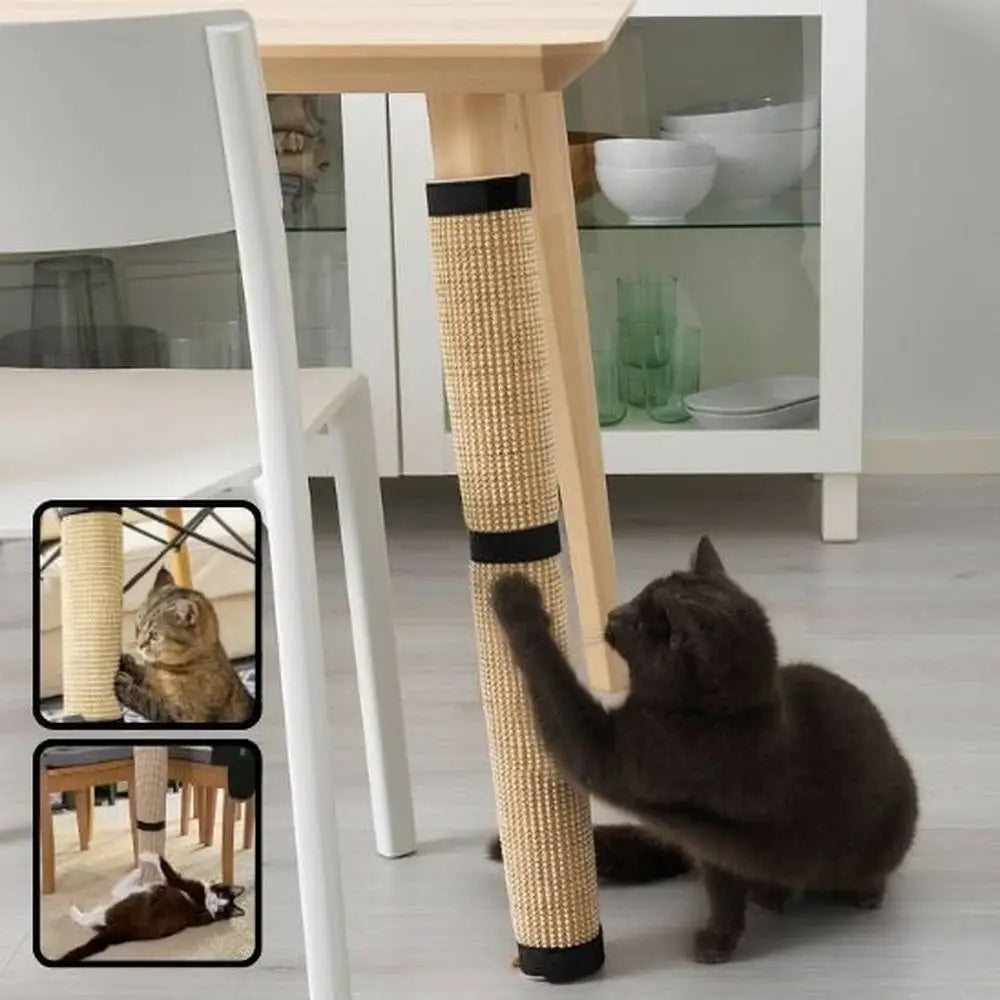 Griffoir pour chat sur poteau en sisal beige, embouts noirs, chat noir