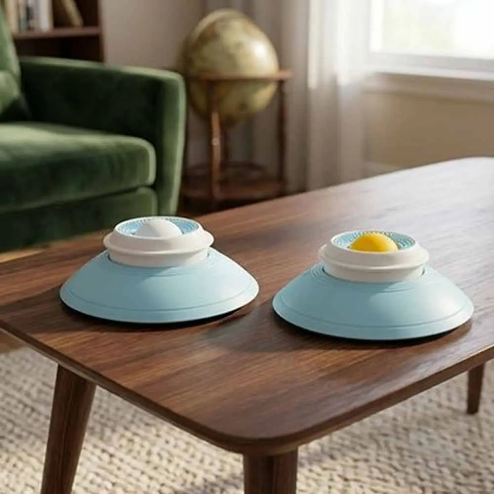 Lot de 2 gamelles anti-glouton chat bleu clair, couvercle blanc et insert jaune.