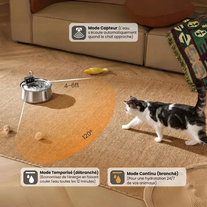 Fontaine à eau inox pour chat, petit réservoir circulaire avec bec verseur, posée au sol