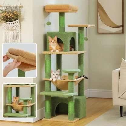Arbre à chat multi-niveaux vert : plateformes, maison et perchoir supérieur