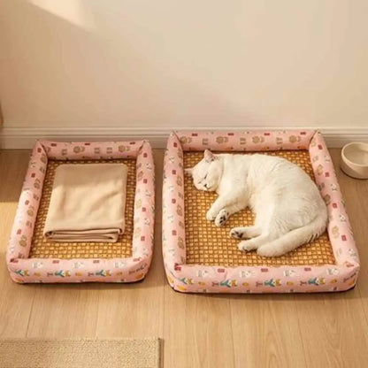Lot de tapis rafraîchissants pour chat rectangulaires, bord rose à motifs et fond tissé.
