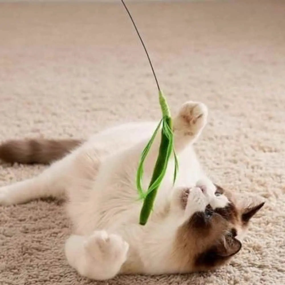 Jouet pour chat interactif avec plumes vertes au bout d’une ficelle