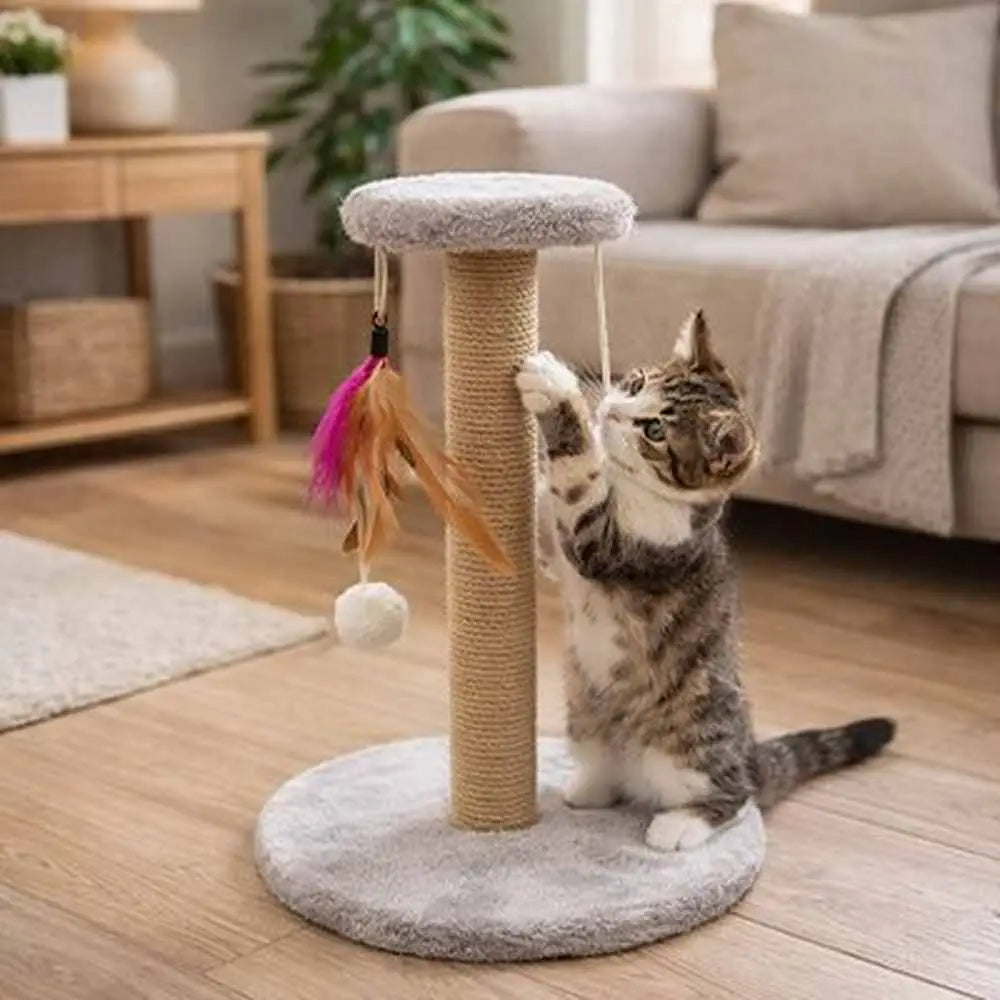 Griffoir pour chat rond gris, poteau en sisal beige, touffes et balle décorative