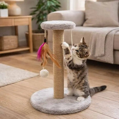 Griffoir pour chat rond gris, poteau en sisal beige, touffes et balle décorative