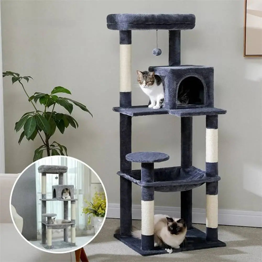 Arbre à chat compact multi-niveaux gris : niche, deux plateformes et poteaux recouverts de sisal