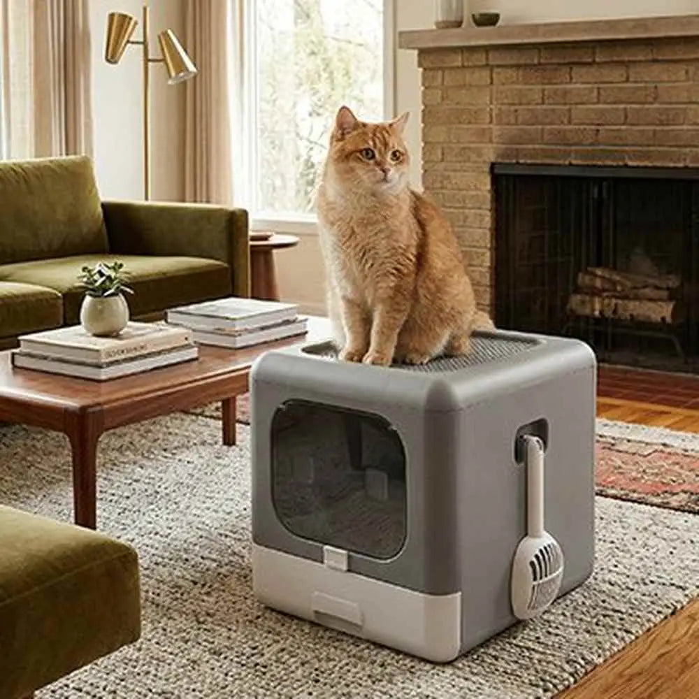 Bac à litière pour chat fermé, porte avec fenêtre teintée et poignée latérale