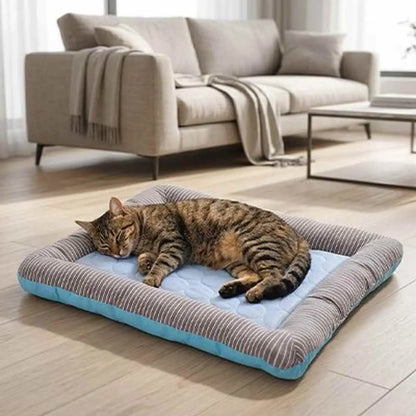 Tapis rafraîchissant pour chat bleu rectangulaire, bord côtelé gris, surface claire à motifs