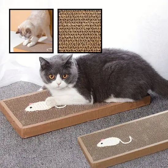 Griffoir pour chat double: deux tapis texturés bruns sur base en carton, avec souris