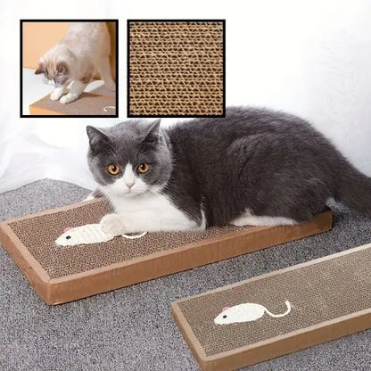 Griffoir pour chat double: deux tapis texturés bruns sur base en carton, avec souris