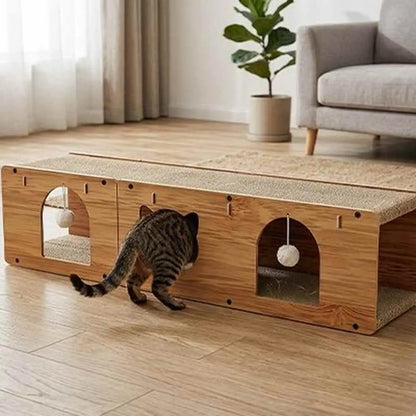 Griffoir pour chat en bois clair avec tapis gris et ouvertures, chat tigré en train de griffer
