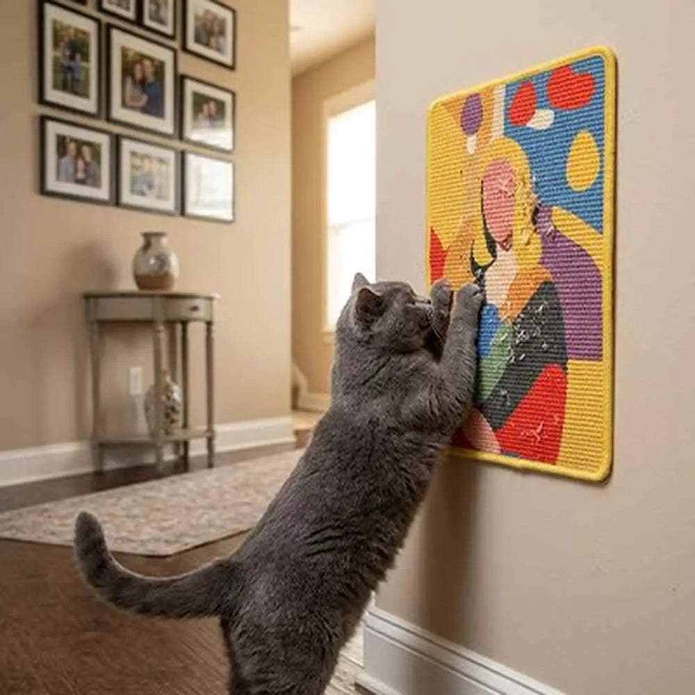 Tapis griffoir mural pour chat, chat gris grattant la plaque rectangulaire à motifs colorés.
