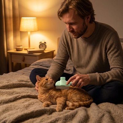 Brosse autonettoyante verte pour chat, utilisée sur un chat roux allongé