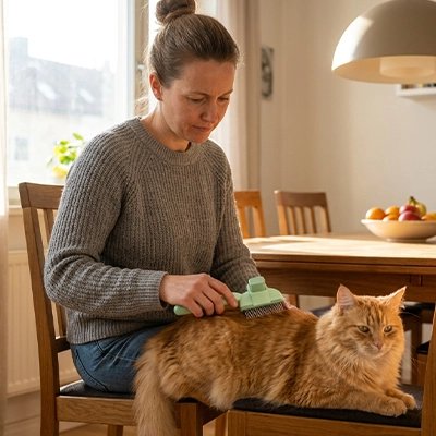 Brosse autonettoyante verte pour chat, picots en contact avec la fourrure