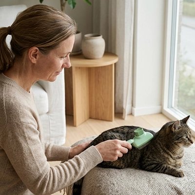 Brosse autonettoyante verte pour chat, tête à picots sur le dos d’un chat