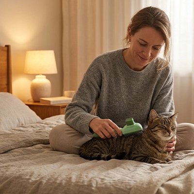 Brosse autonettoyante verte pour chat, poignée tenue sur la fourrure du chat