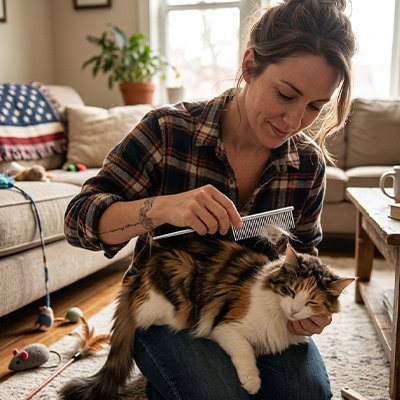Peigne à dents métalliques fines pour démêler le pelage d’un chat.