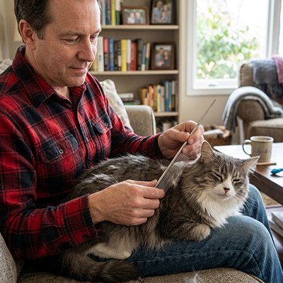 Peigne à dents métalliques fines, utilisé pour démêler le pelage du chat.