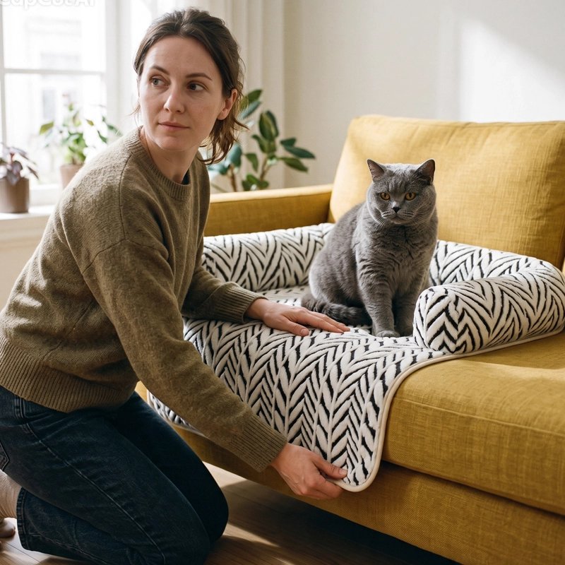 Protection canapé pour chat avec rebords – tapis doux motif chevrons en situation