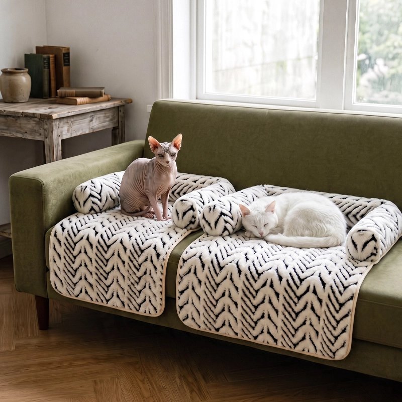 Protection canapé pour chat avec rebords – tapis doux motif chevrons en situation- différente taille