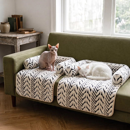 Protection canapé pour chat avec rebords – tapis doux motif chevrons en situation- différente taille