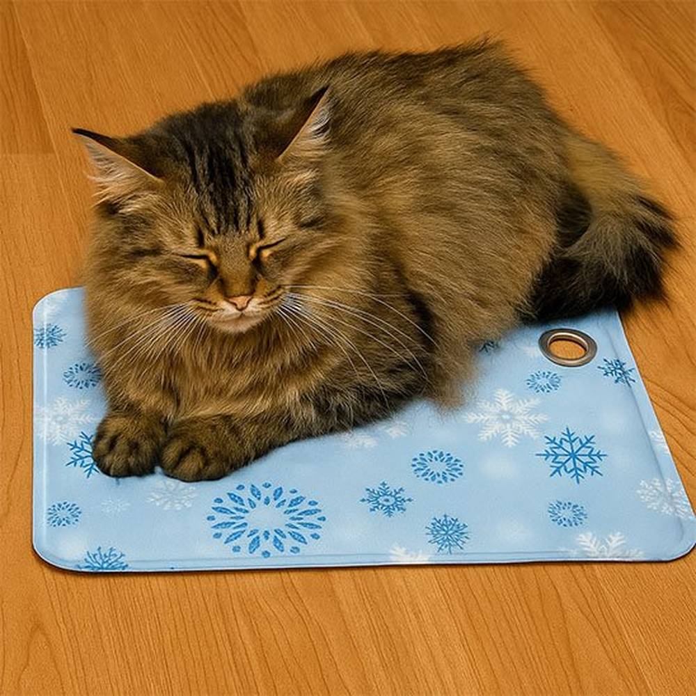 Tapis rafraîchissant pour chat bleu clair à motifs flocons, œillet circulaire