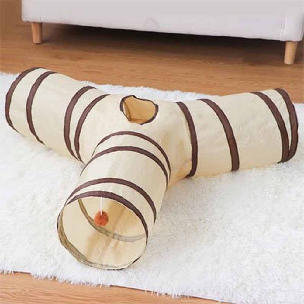 Tunnel pliable pour chat tissu crème rayé marron, ouvertures rondes.