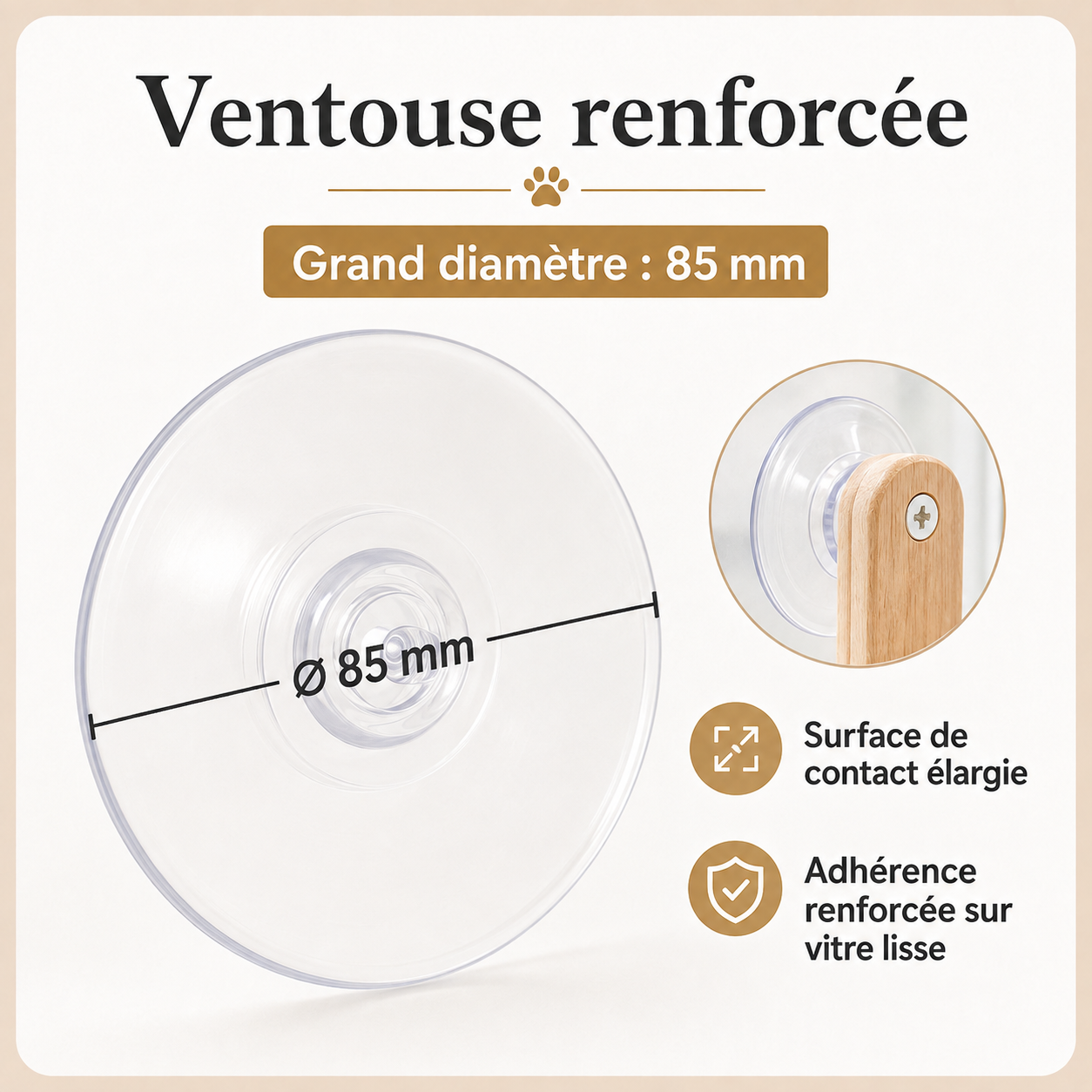 Ventouse renforcée de 85 mm pour hamac de fenêtre chat – adhérence renforcée sur vitre lisse
